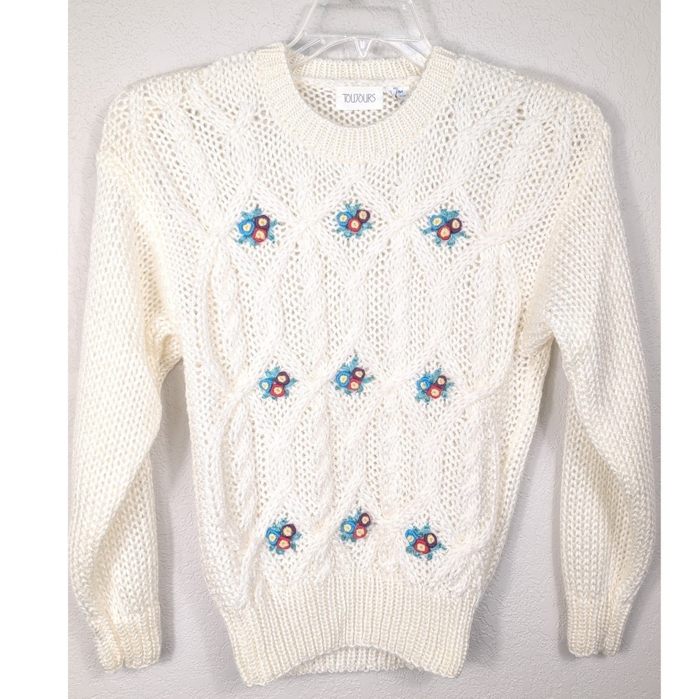 Toujours Sweater M Cream Vintage 80s Floral Embroidered Cable Knit Cottagecore